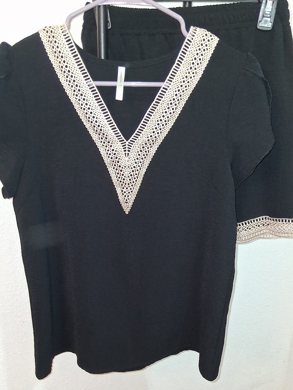 Black V-Neck Top & Shorts with Cream Crochet Trim - Womens